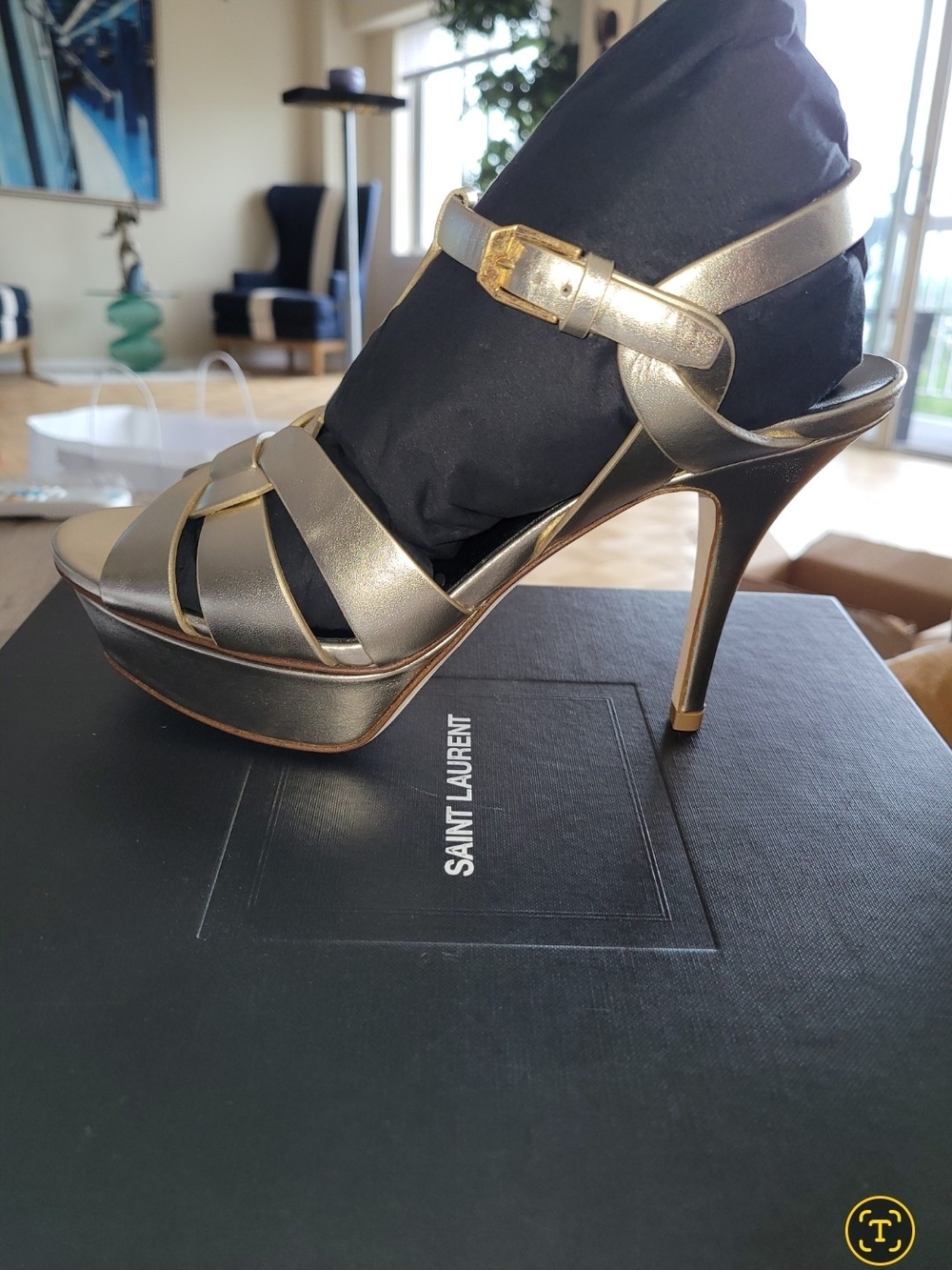 Saint Laurent Gold Strappy Platform Stiletto Sandals